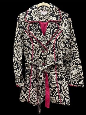 3 Sisters Black and Cream Floral coat with Pink Piping